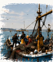 Pescadores recogiendo redes a bordo