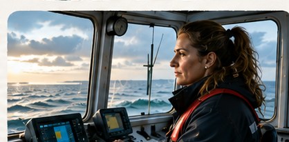 Patrona de barco de pesca al timón